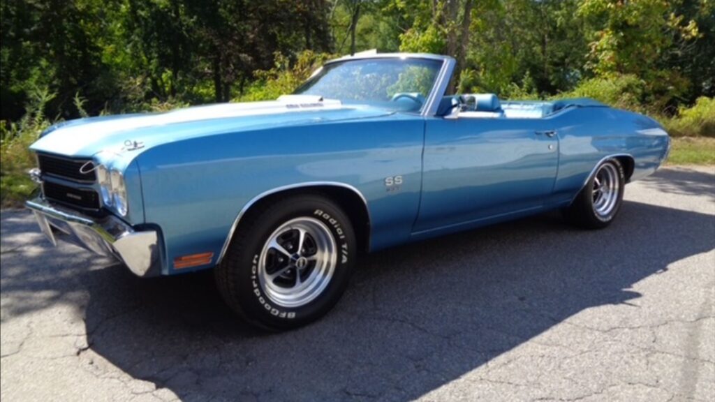 Rear three-quarter view of an early-1970s Chevrolet Chevelle in blue, the same body style as the base-engine 1971 survivor discussed in this article