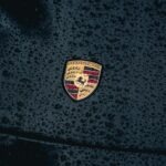 a close up of a car's emblem on a wet surface