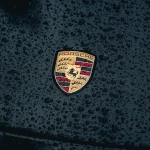 a close up of a car's emblem on a wet surface
