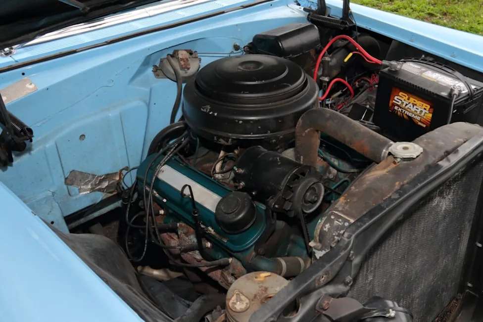 The 287-cubic-inch V8 engine bay of the 1955 Pontiac Chieftain
