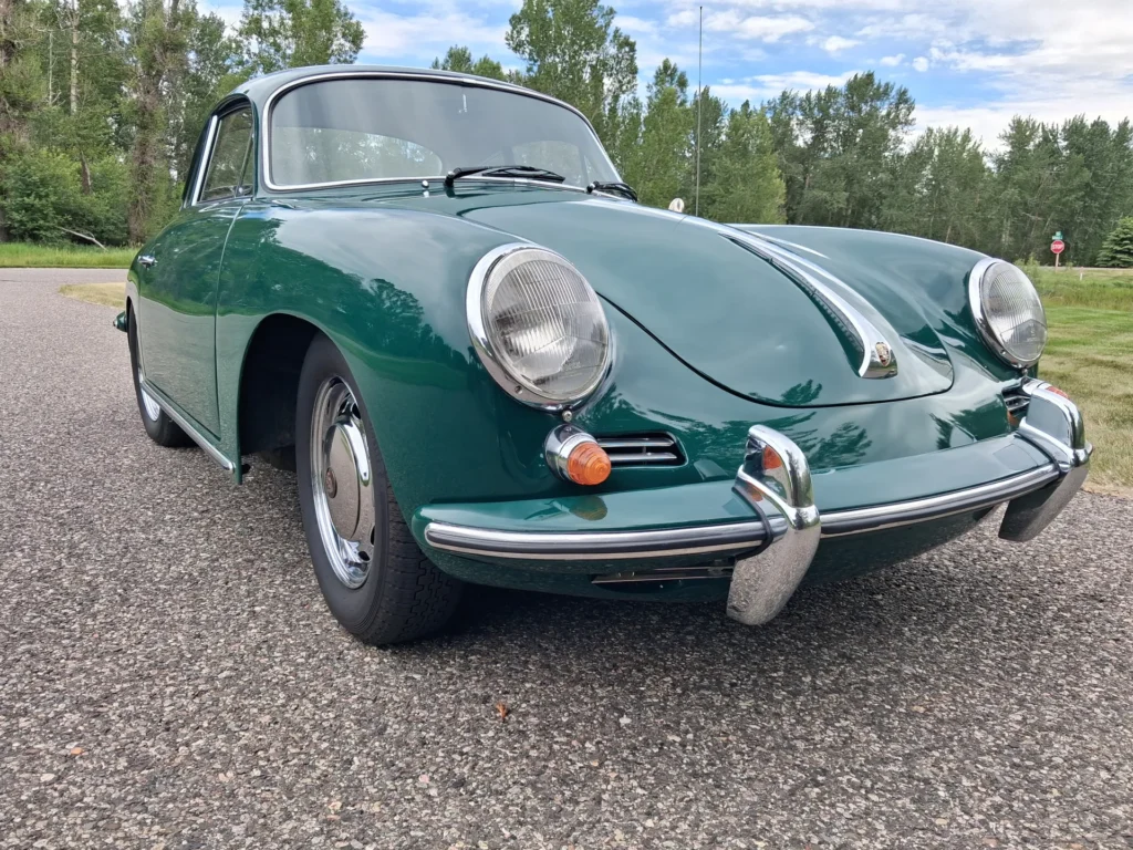 1965 Porsche 356C Coupe front low-angle view showing chrome bumpers and headlights