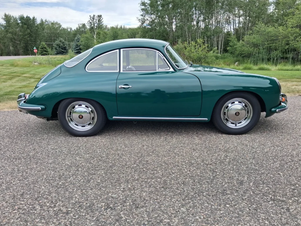 1965 Porsche 356C Coupe in Dark Green, passenger-side profile view