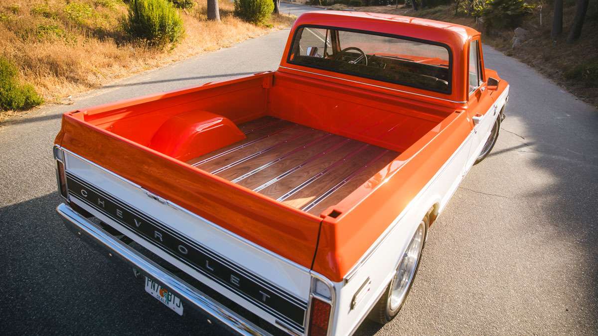 Rear view of the Velocity Restorations 1971 Chevrolet C10 with LED lighting and backup camera