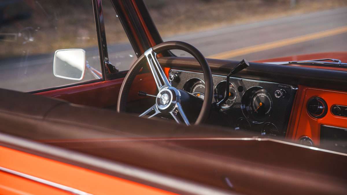 Interior of the Velocity Restorations 1971 Chevrolet C10 restomod with digital and analog gauges