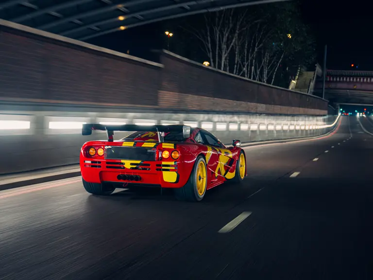 Rear view of 1996 McLaren F1 GTR chassis 10R on the road
