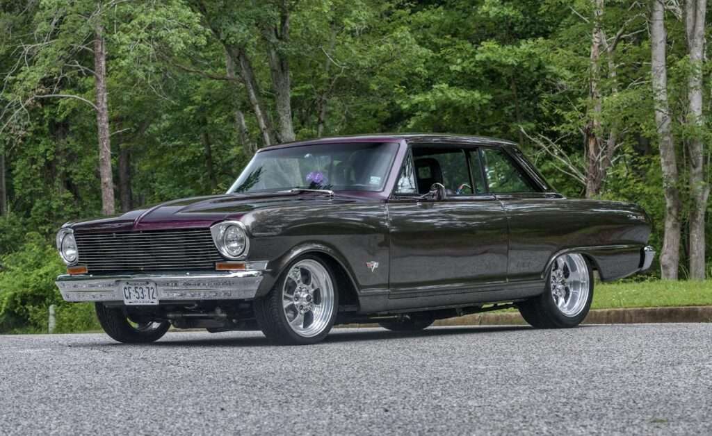 1964 Chevrolet Nova Custom resto-mod in metallic purple, front three-quarter view