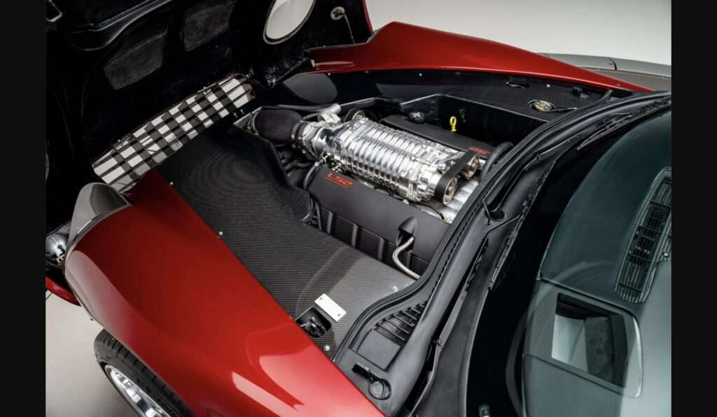 Anteros Corvette engine bay with supercharged LS2 V8 and carbon-fiber panels