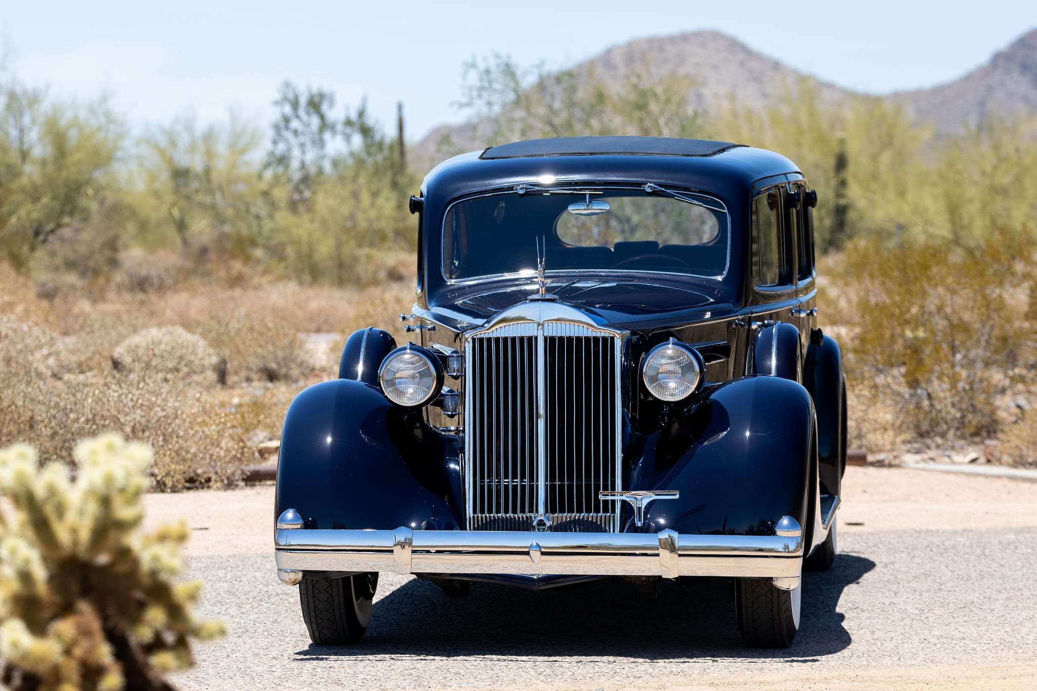 Front view of the 1935 Packard Twelve showing the iconic grille and cormorant mascot