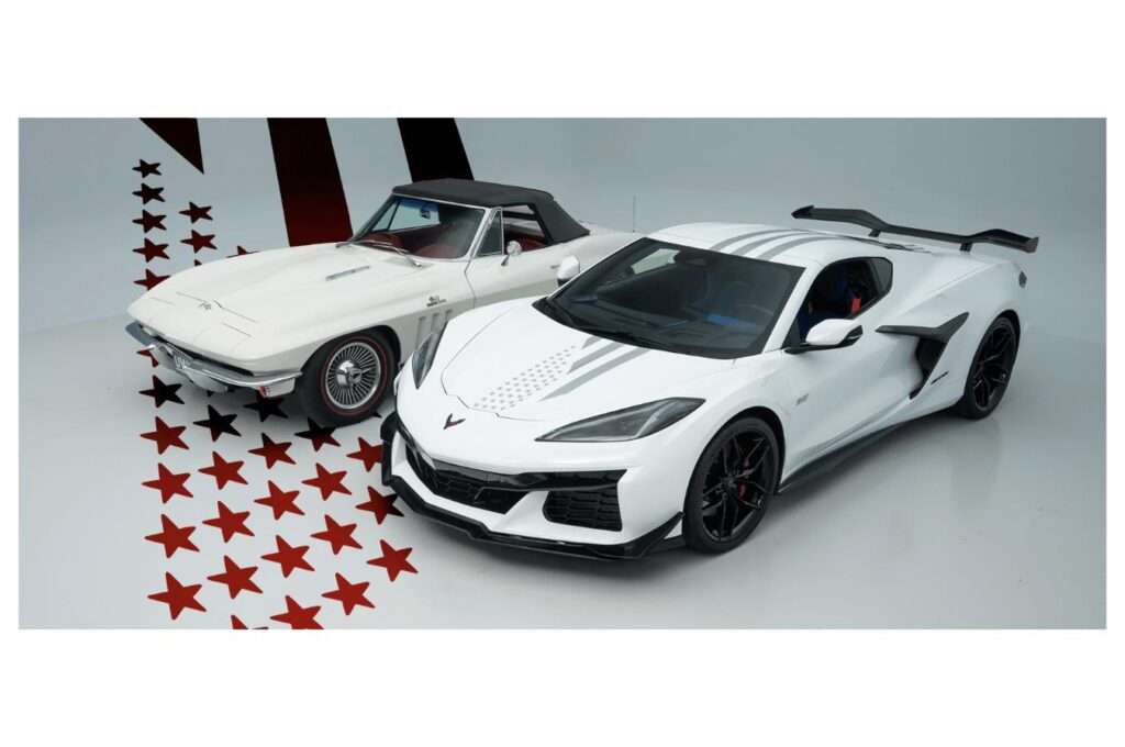 1965 Corvette Sting Ray and 2026 Corvette Z06 diecast models on a patriotic star background