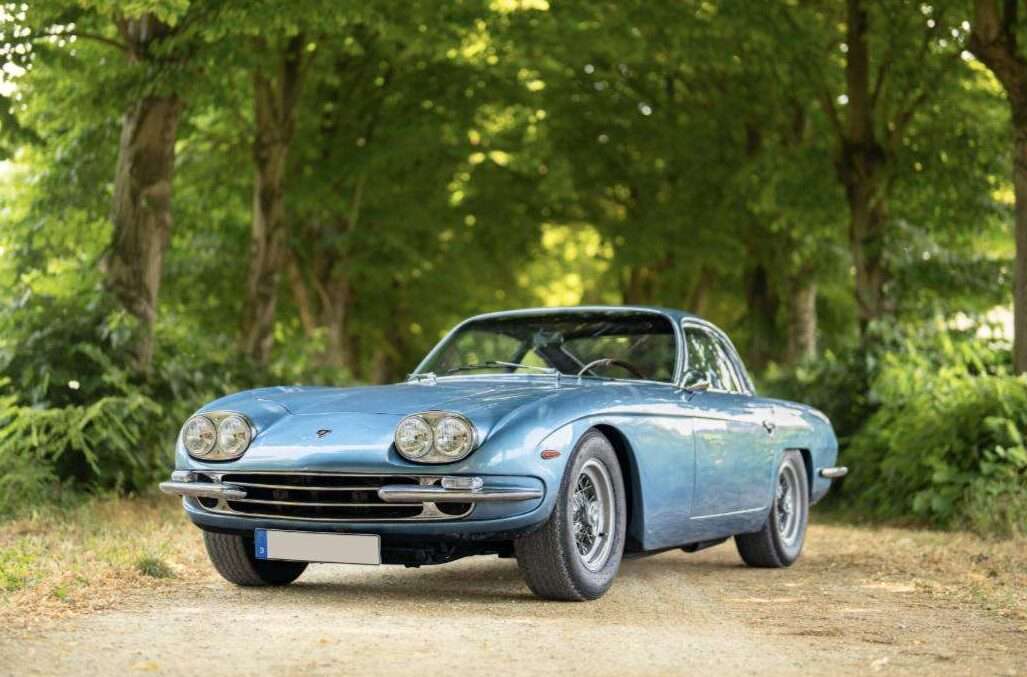 1967 Lamborghini 400 GT 2+2 in light blue, front three-quarter view