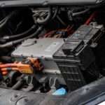 Electric car engine with visible wiring and battery components