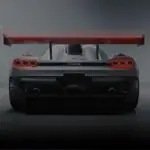 Rear three-quarter view of the Koenigsegg CCGT1, showing its active rear wing and CCGT1 badging