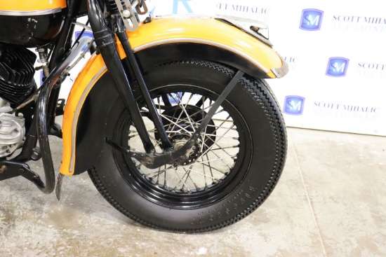 Leading link springer fork and 16 inch wire spoke wheel on the 1941 Harley-Davidson UL