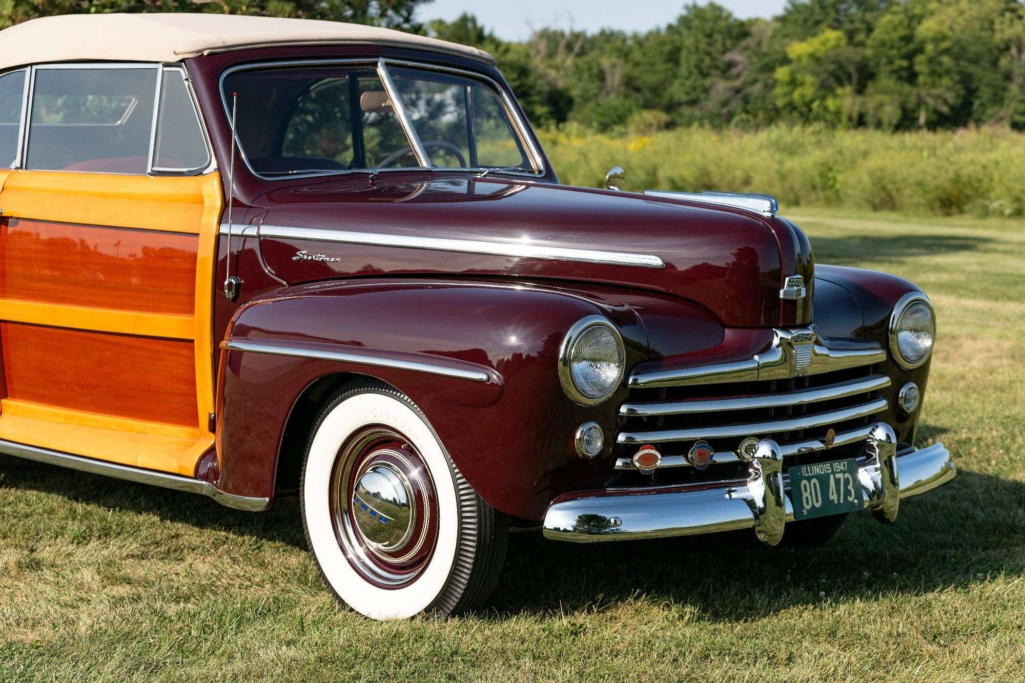 1947 Ford Sportsman convertible front three-quarter view showing grille and wood side panels