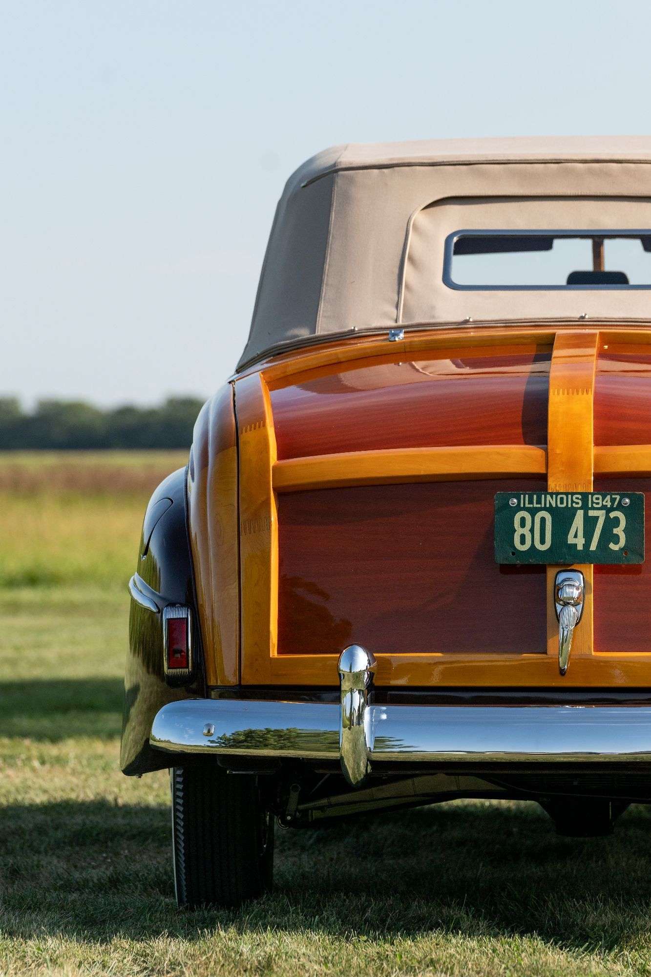 Rear view of the 1947 Ford Super Deluxe Sportsman wood body and deck lid