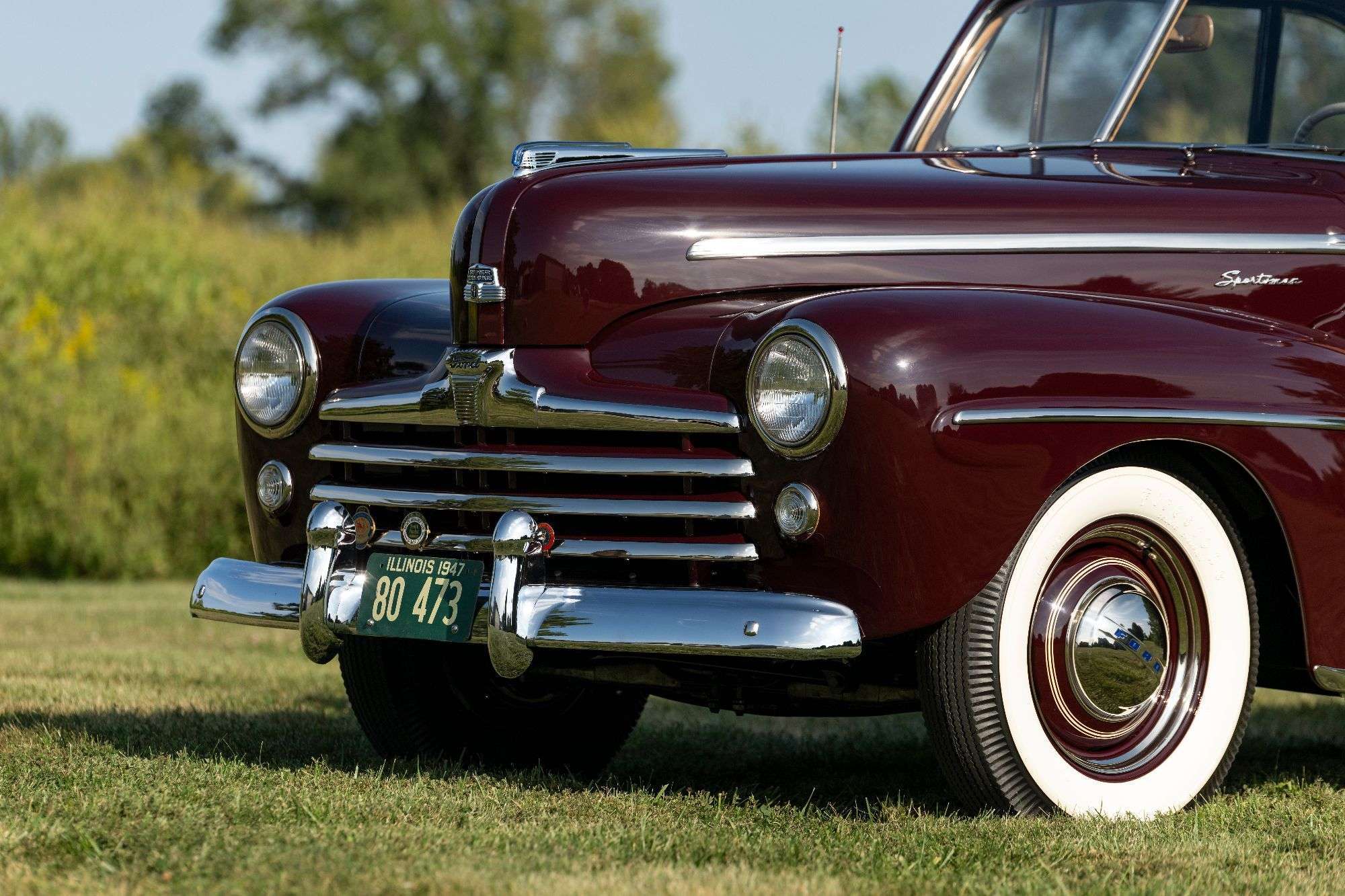 Front of the 1947 Ford Super Deluxe Sportsman with chrome grille and whitewall tires