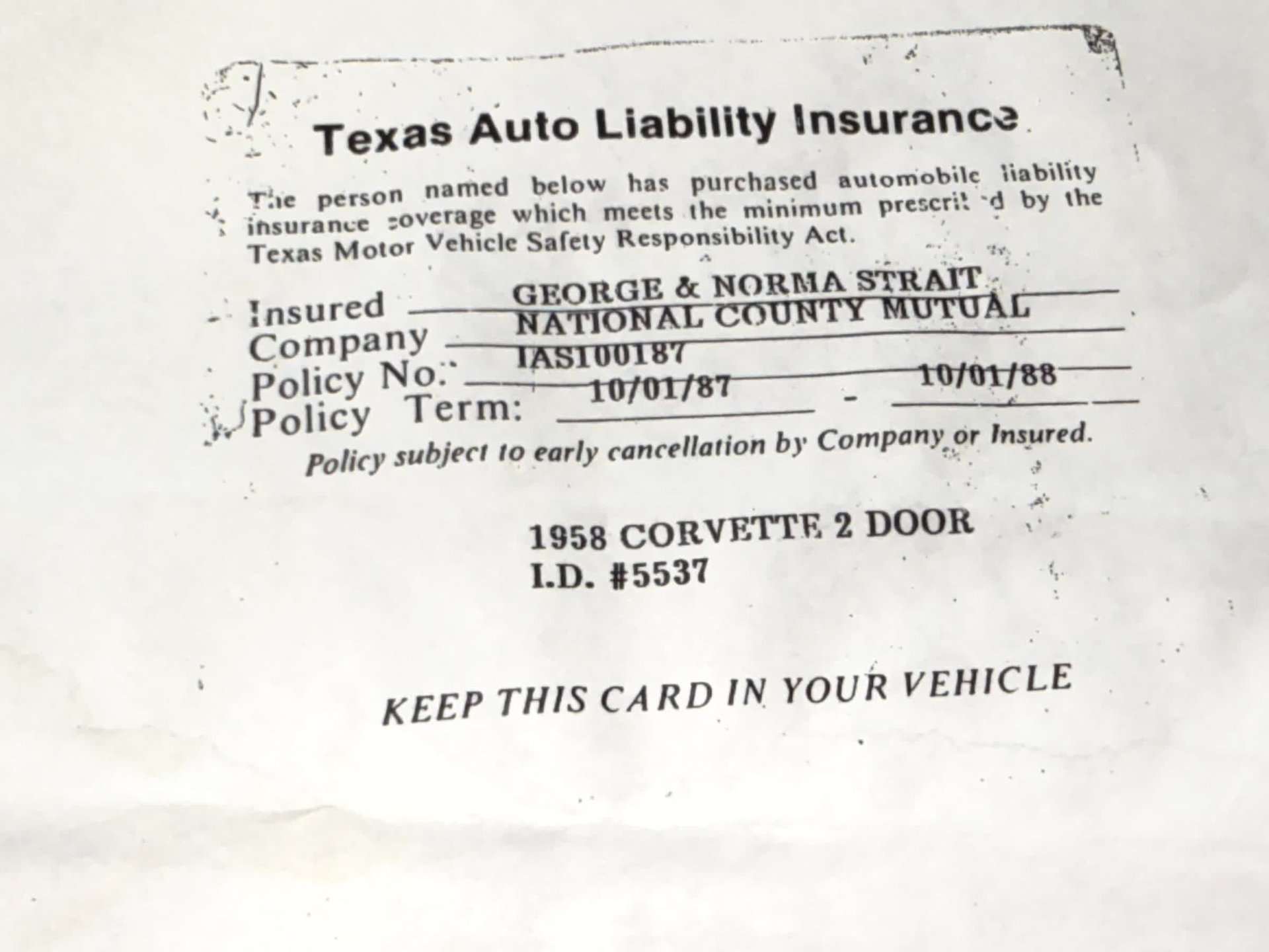 1958 Chevrolet Corvette formerly owned by George Strait, Texas insurance card, for sale at GAA Classic Cars