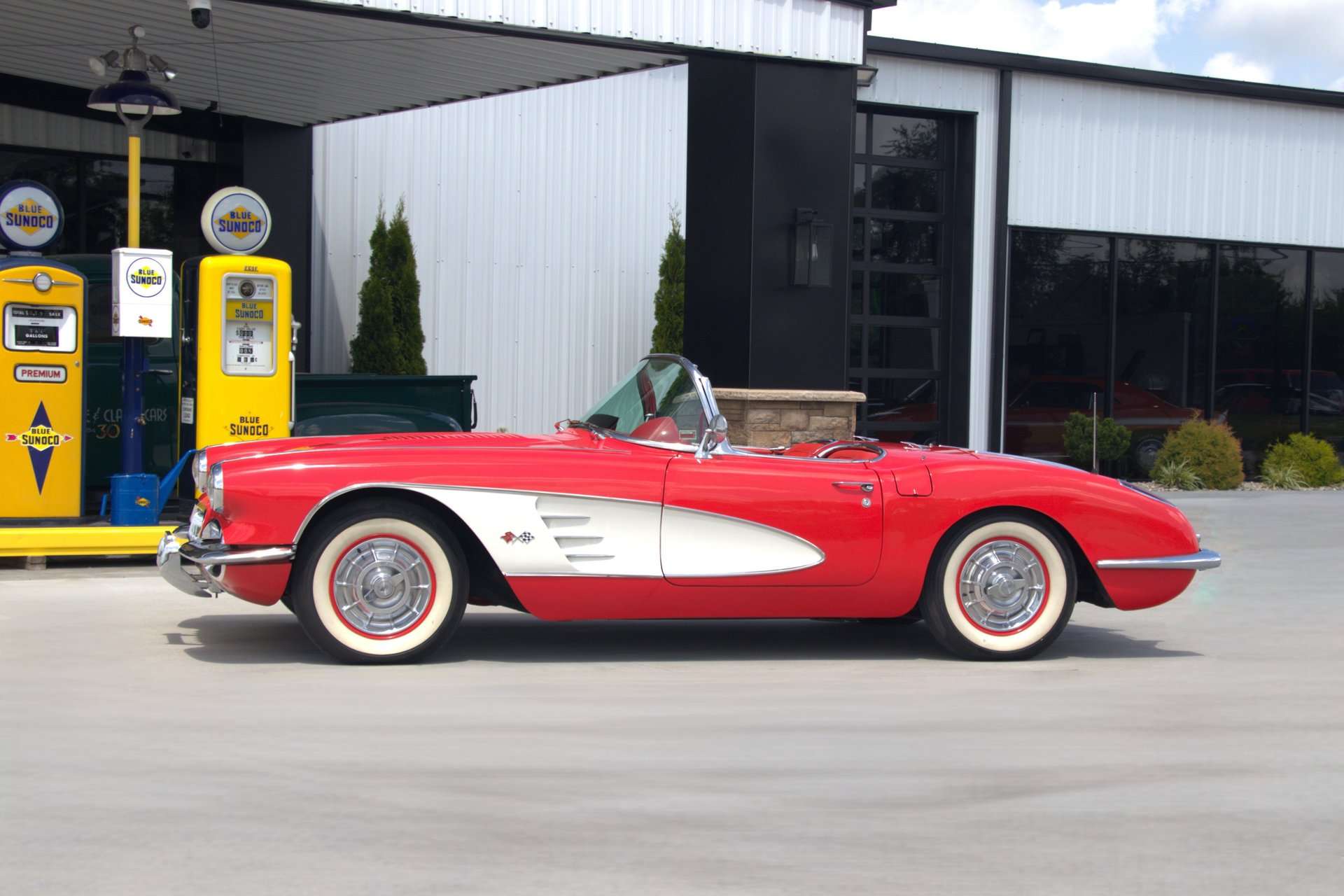 1958 Chevrolet Corvette formerly owned by George Strait, red interior and bucket seats, for sale at GAA Classic Cars