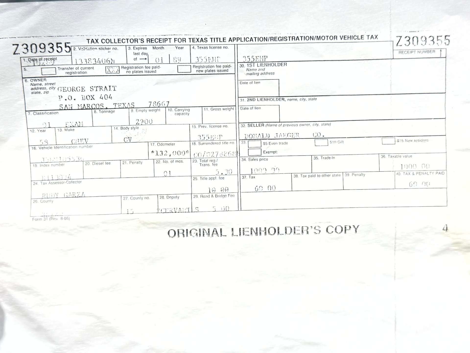1958 Chevrolet Corvette formerly owned by George Strait, ownership document, for sale at GAA Classic Cars