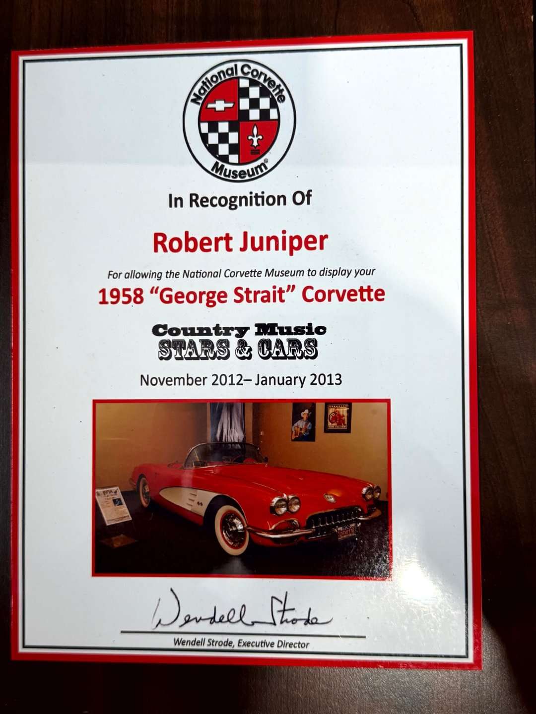 1958 Chevrolet Corvette formerly owned by George Strait, award plaque, for sale at GAA Classic Cars