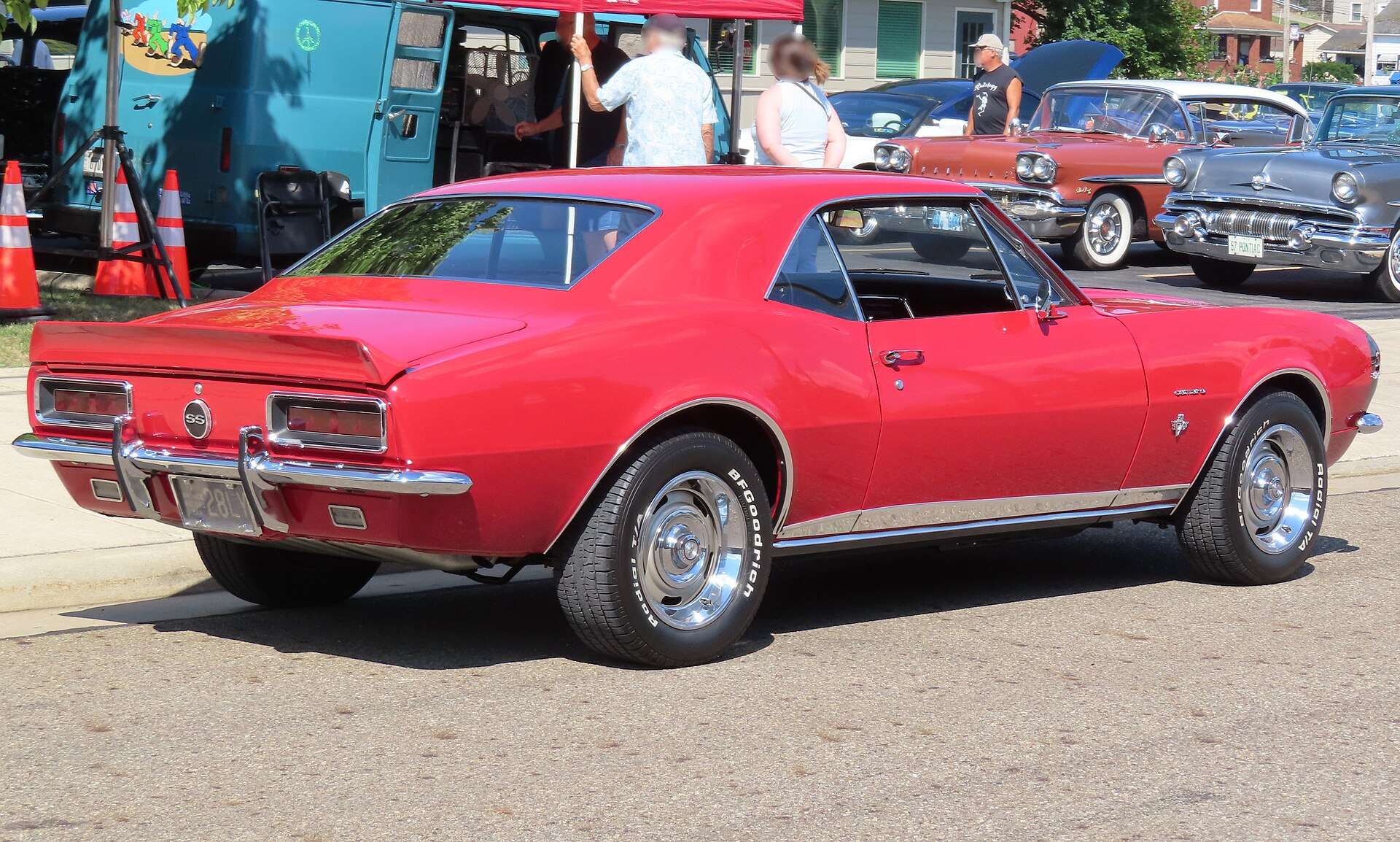 Red first-generation Camaro SS 350 Sport Coupe, rear three-quarter view