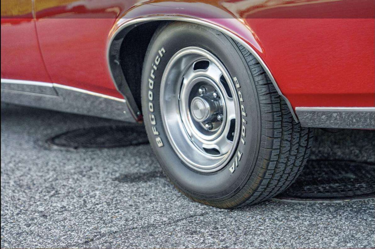 Rally wheel and BFGoodrich Radial T/A tire on the 1967 Pontiac GTO for sale at Henderson Auctions