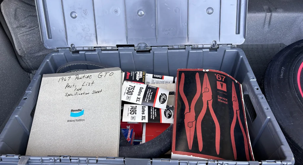 Documentation and parts boxes included with the 1967 Pontiac GTO