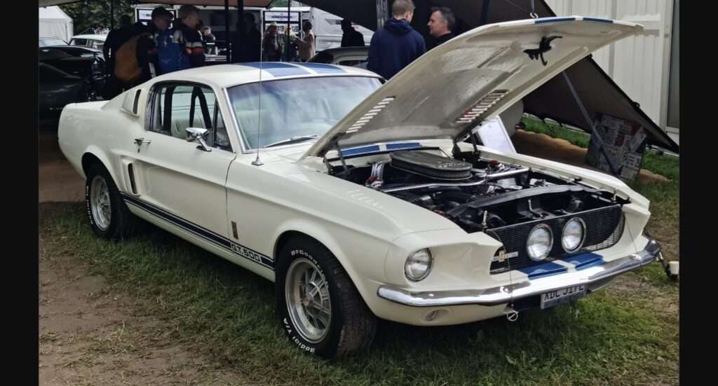 Engine bay of a white 1967 Shelby GT500 with hood open, showing the big-block V8 and dual headlamp grille