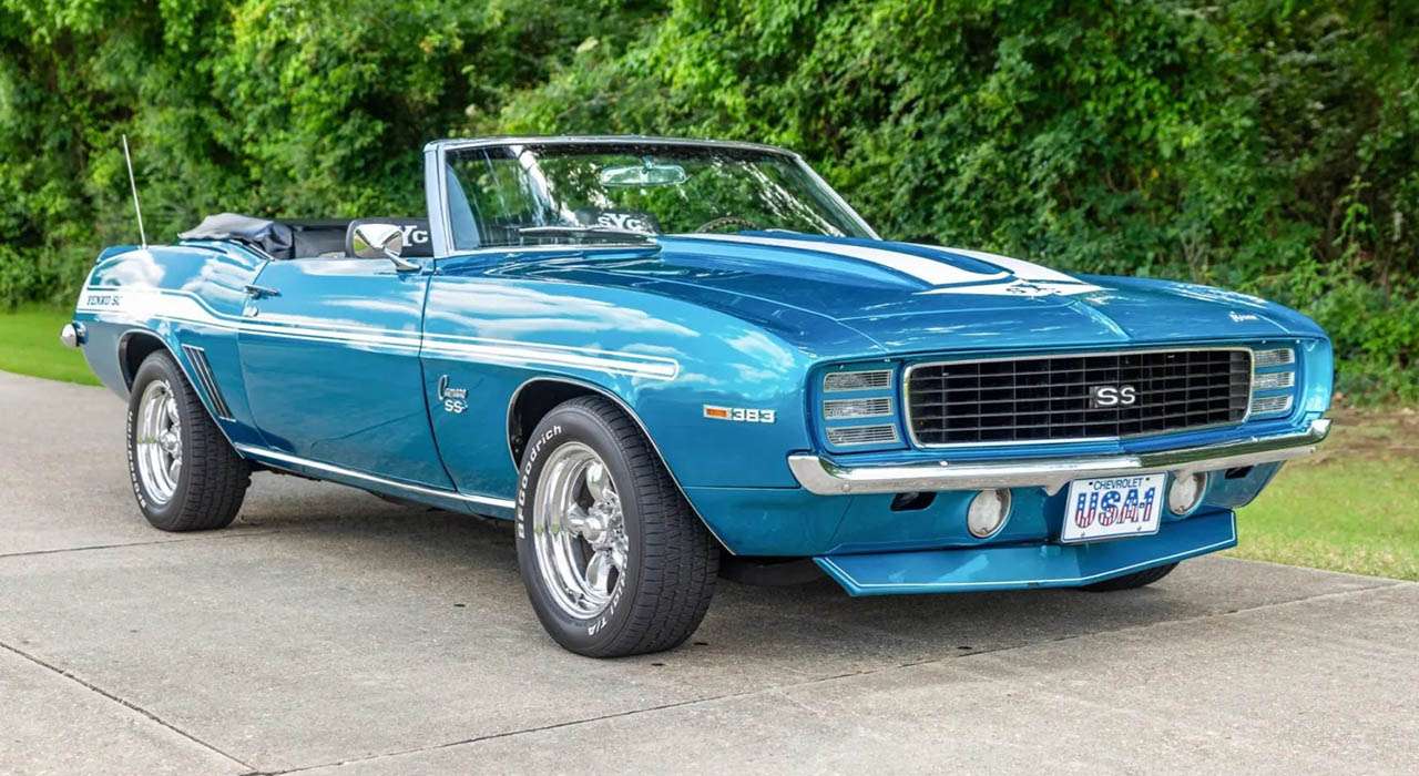 1969 Chevrolet Camaro convertible front three-quarter view, top down