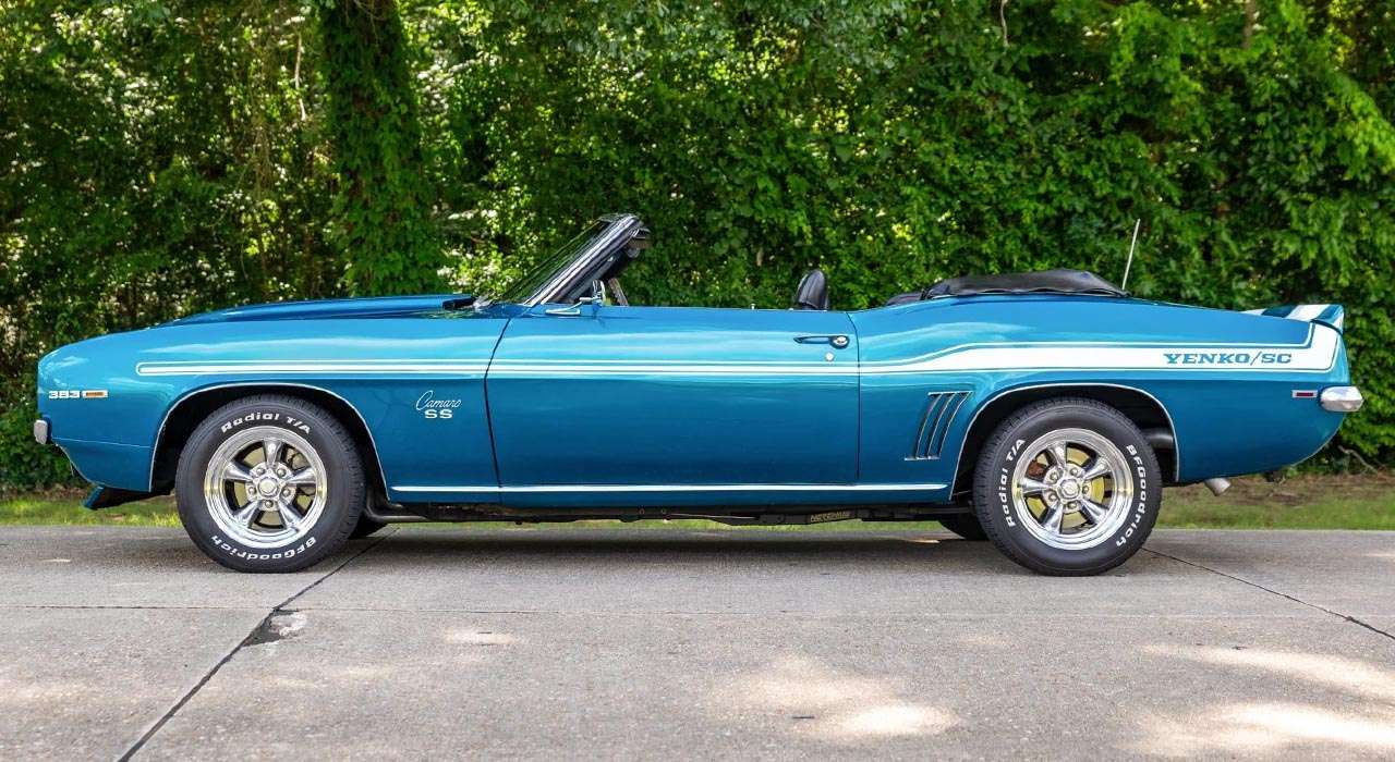 1969 Camaro convertible profile, blue with white Yenko SC-style stripes