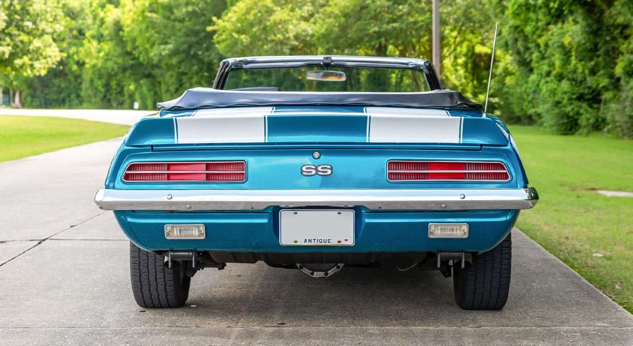 Rear view of the 1969 Camaro convertible with rear spoiler