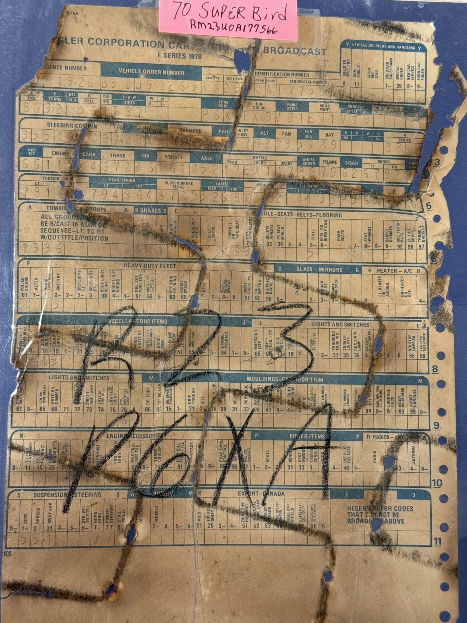 Broadcast sheet for the 1970 Plymouth Superbird
