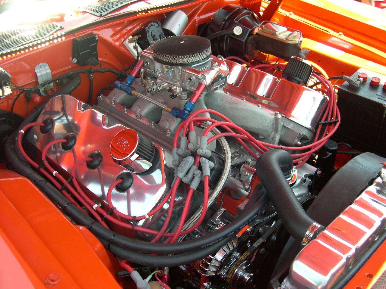 Engine bay of a 1971 Plymouth Hemi 'Cuda showing the 426 Hemi V8 with dual carburetors
