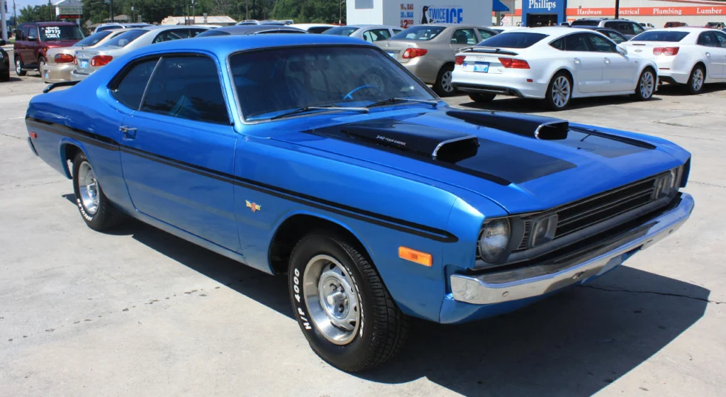 Blue 1972 Dodge Dart Demon tribute with black hood scoops