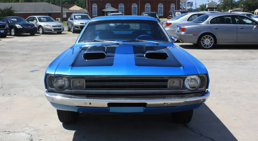 Front view of the Dodge Dart Demon tribute with twin hood scoops