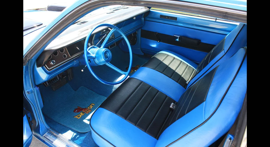 Blue vinyl interior of the 1972 Dodge Dart Demon tribute