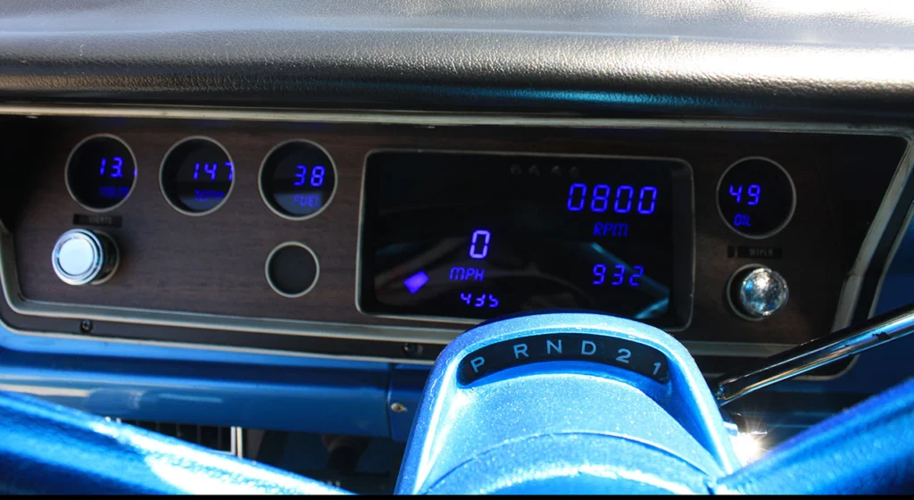 Digital gauge cluster in the 1972 Dodge Dart Demon tribute
