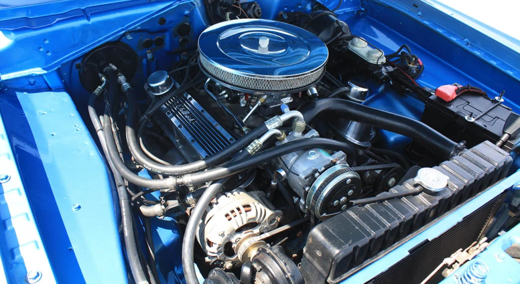 340 V8 engine bay of the 1972 Dodge Dart Demon tribute