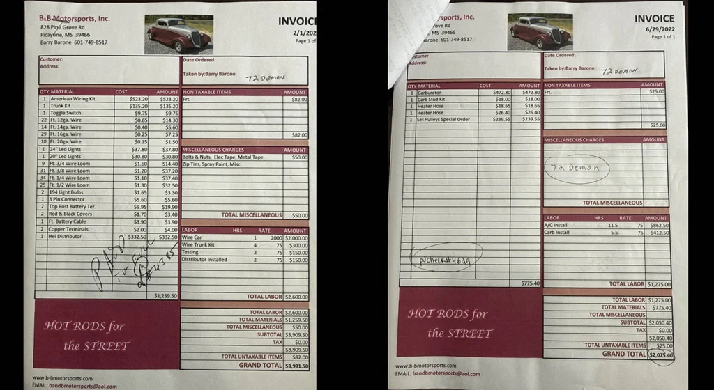 Service receipts for the 1972 Dodge Dart Demon tribute