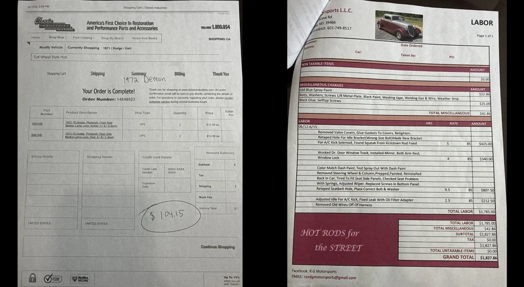 Documentation binder pages for the 1972 Dodge Dart Demon tribute