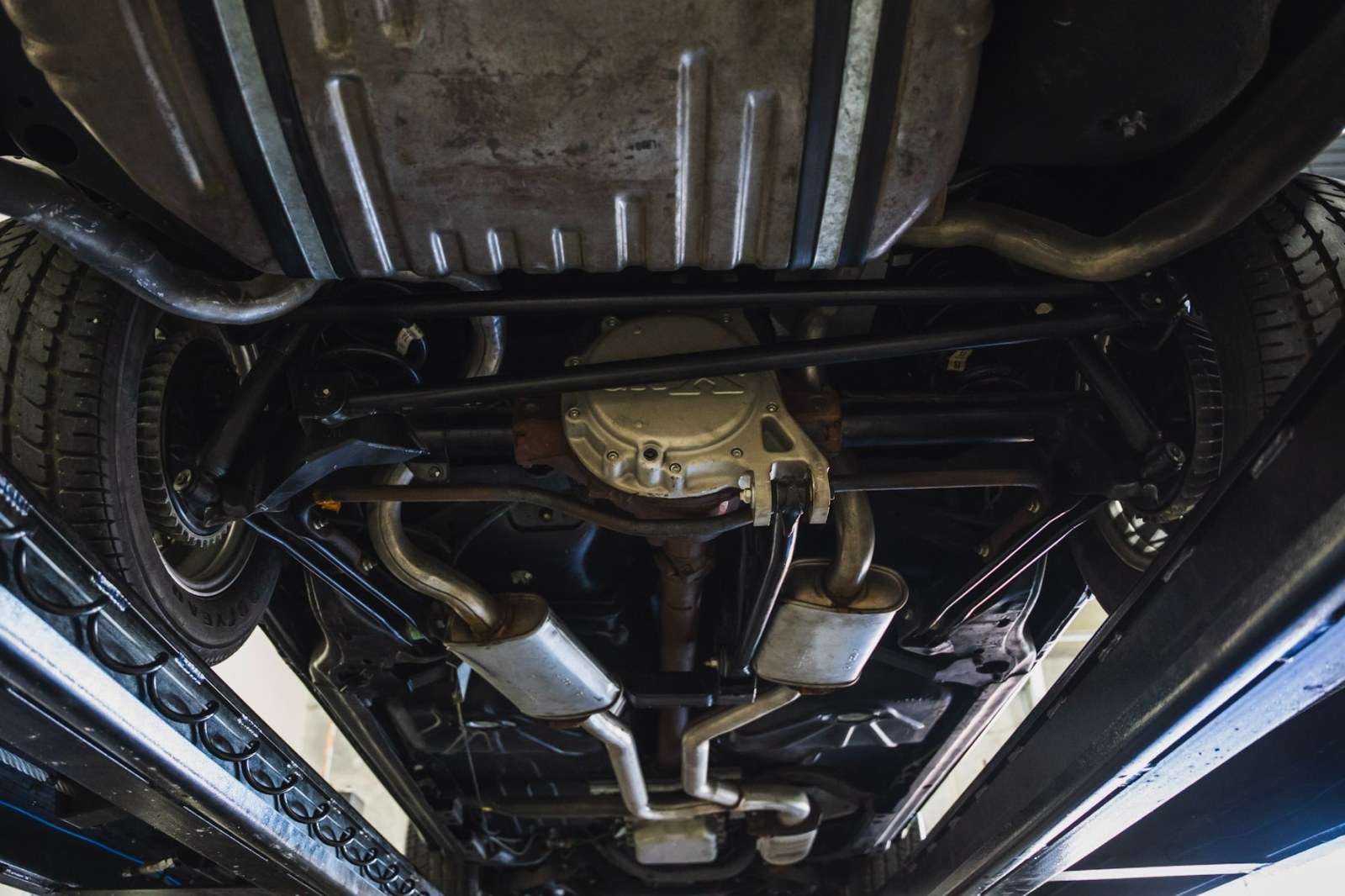 Undercarriage of 1987 Buick GNX #450 showing unweathered exhaust and suspension