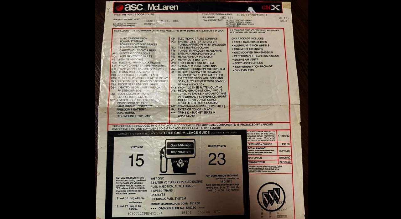 Original window sticker for 1987 Buick GNX No. 461