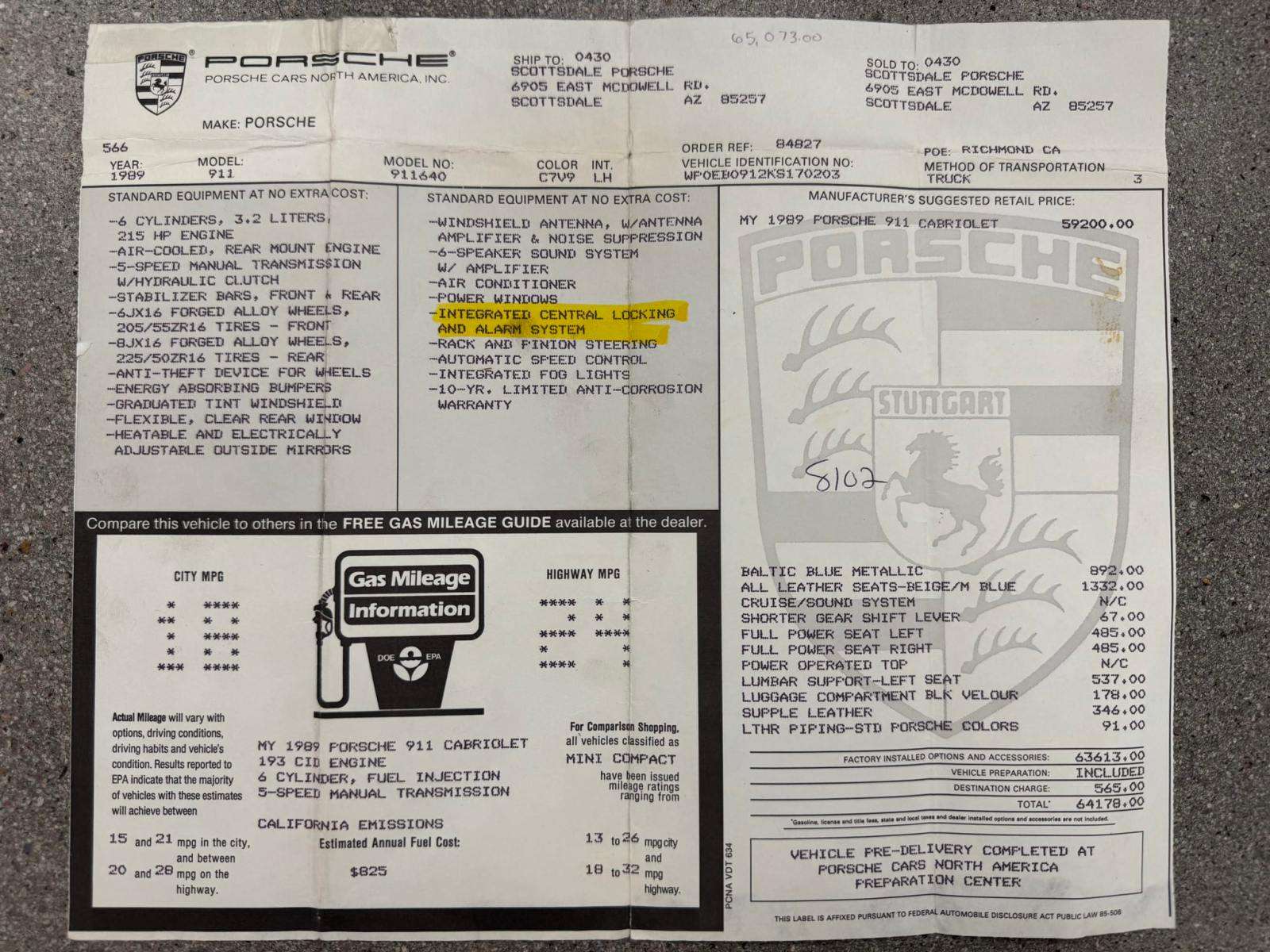 Original window sticker for the 1989 Porsche 911 Carrera Cabriolet