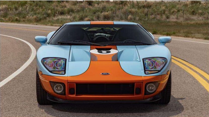 Front view of the 2006 Ford GT Heritage Edition with HID headlights and Gulf racing stripes