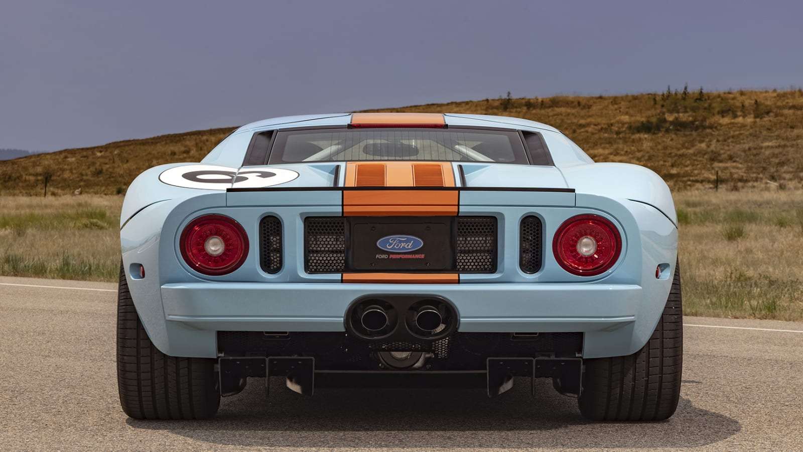 Rear view of the Ford GT Heritage Edition with dual center-exit exhaust and diffuser