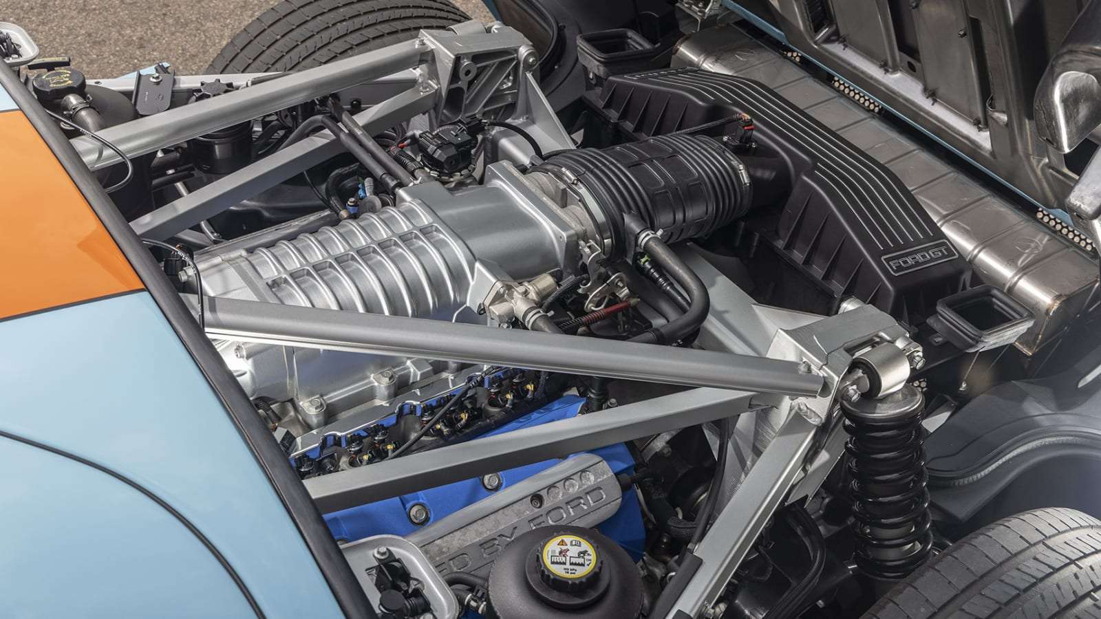 Supercharged 5.4-liter V8 engine bay of the 2006 Ford GT Heritage Edition