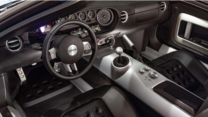 Interior of the 2006 Ford GT Heritage Edition with six-speed manual shifter and GT40-style gauges