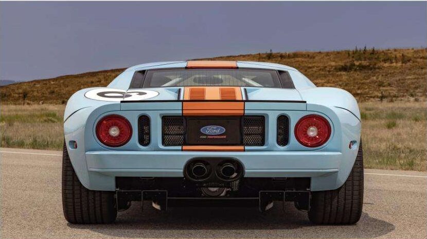 Rear view of the 2006 Ford GT Heritage Edition showing the diffuser and dual center-exit exhaust