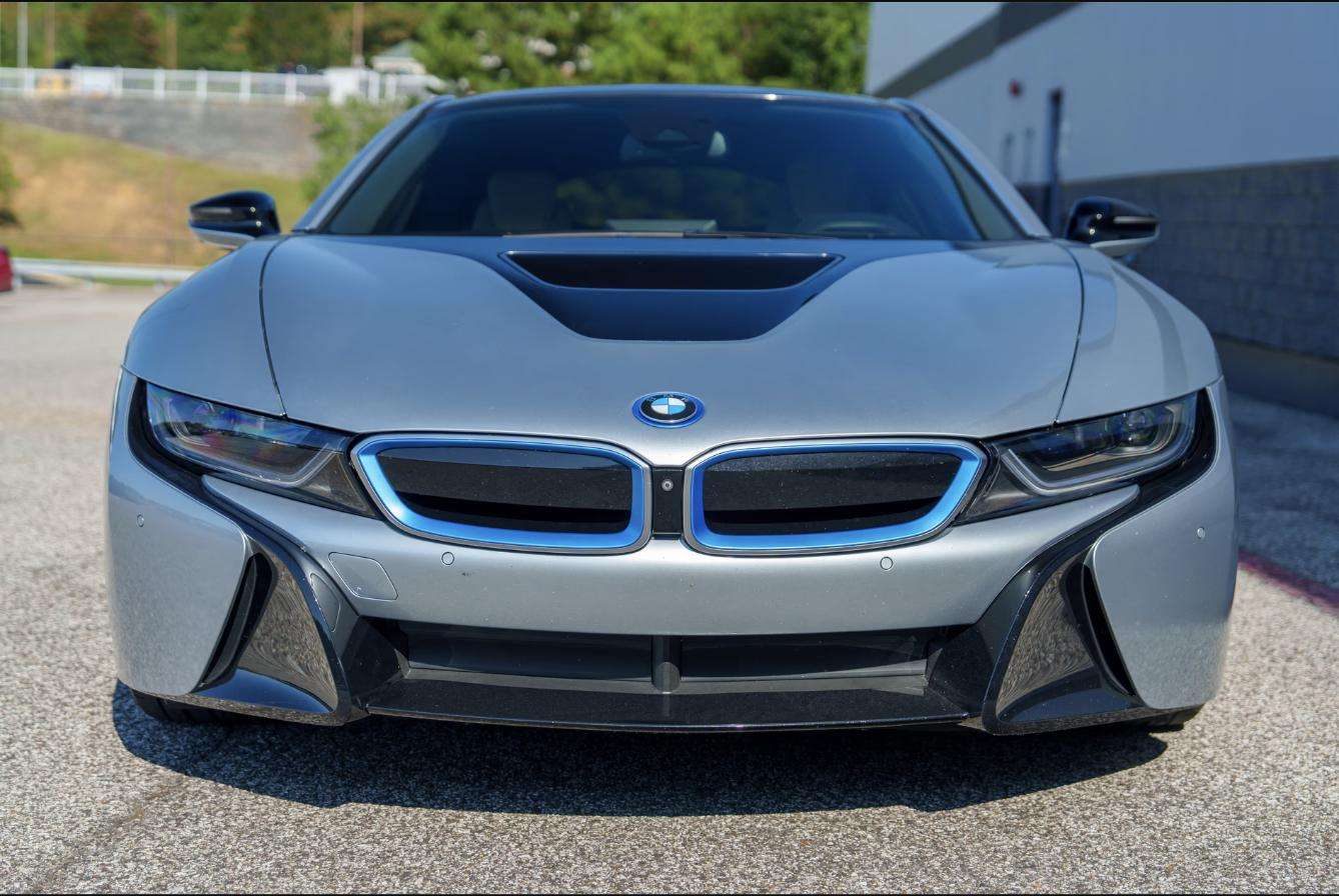 Front view of a silver 2015 BMW i8 offered by Henderson Auctions