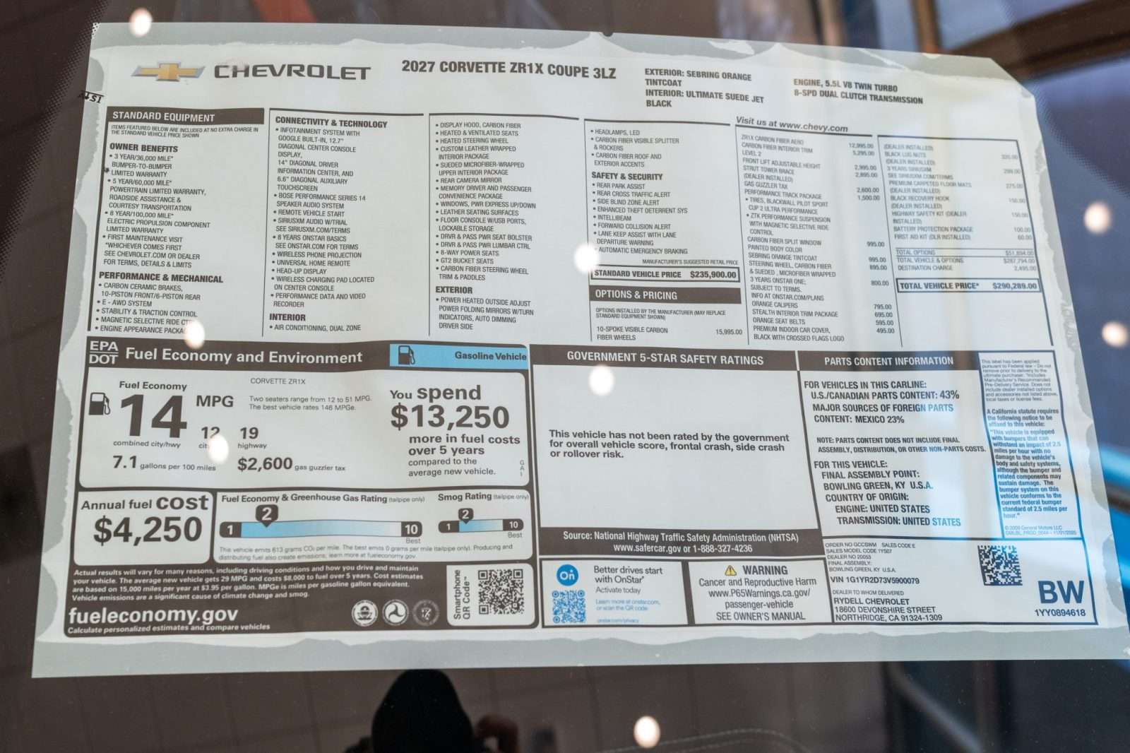 Window sticker of the 2027 Corvette ZR1X showing a total vehicle price of $290,289
